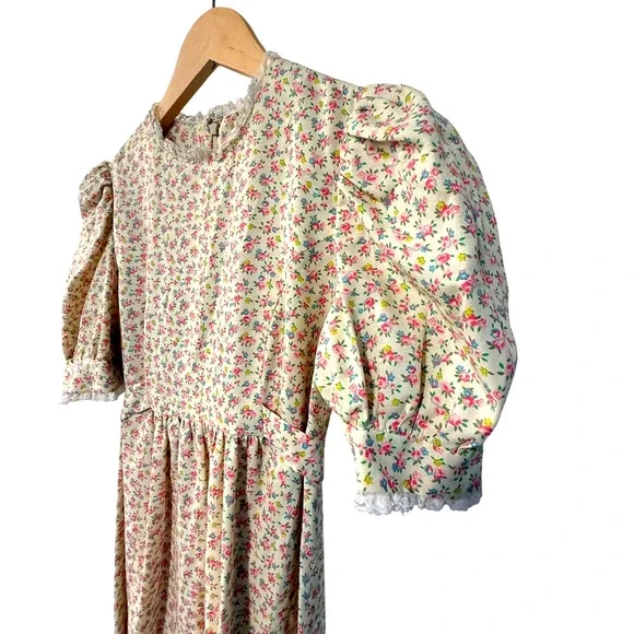 Vintage Cottagecore XS Puff Shoulder Prairie Dress Liberty Floral Butter Yellow - Picture 4 of 12
